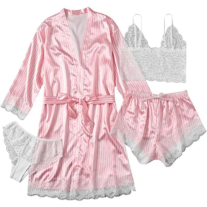 2021 Amazon Women's pajamas Sleepwear 4pcs Floral Lace Trim Satin Cami Pajama Set with Robe