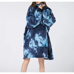 Oversized Huggle Hoodie Blanket Sweatshirt, Fuzzy Tie Dye Sherpa Pullover TV blanket with Kangaroo Pocket