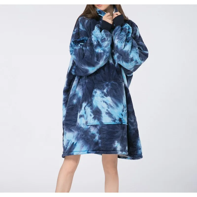 Oversized Huggle Hoodie Blanket Sweatshirt, Fuzzy Tie Dye Sherpa Pullover TV blanket with Kangaroo Pocket
