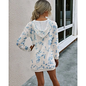 Women Hoodies Dress Tie-Dye Printed Long Sleeve Hooded Tunic Oversized Pockets Sweatshirt Pullover Jumper