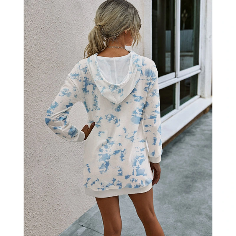 Women Hoodies Dress Tie-Dye Printed Long Sleeve Hooded Tunic Oversized Pockets Sweatshirt Pullover Jumper