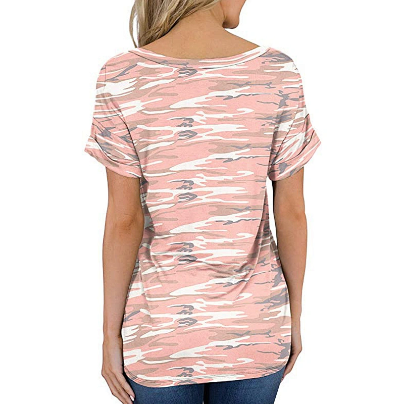 Custom Design Women Tops Short Sleeve V-Neck T Shirts Printed Loose Casual  Tee T-Shirt with Pocket