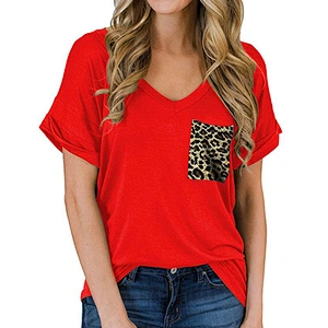 Women Casual Summer Shirt Short Sleeve V-Neck T-Shirt Basic Loose Graphic Tees with Leopard Pockets