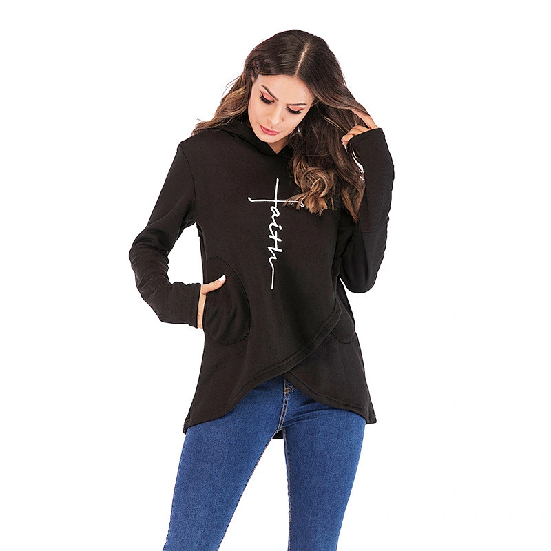 Custom Logo Women Long Sleeve Embroidery Hoodie Asymmetric Hem Casual Tunic Fleece Sweatshirt Hoodies