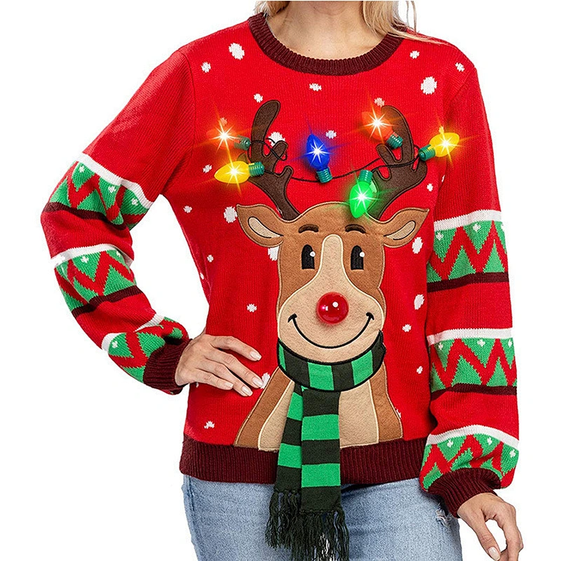 Women's Ugly Reindeer Christmas Sweater Long Sleeve Christmas Sweater Tops with LED bulb Lights