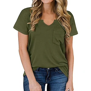 Amazon Hot Women Casual Tops Short Sleeve V-Neck Shirts Loose Blouse Basic Tee T-Shirt with Pocket
