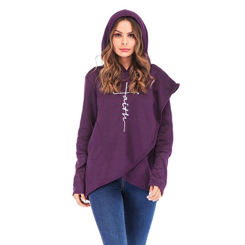 Custom Logo Women Long Sleeve Embroidery Hoodie Asymmetric Hem Casual Tunic Fleece Sweatshirt Hoodies
