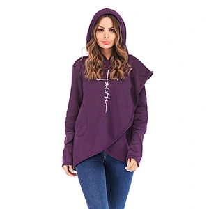 Custom Logo Women Long Sleeve Embroidery Hoodie Asymmetric Hem Casual Tunic Fleece Sweatshirt Hoodies