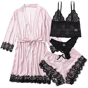 2021 Amazon Women's pajamas Sleepwear 4pcs Floral Lace Trim Satin Cami Pajama Set with Robe