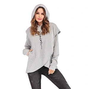 Custom Logo Women Long Sleeve Embroidery Hoodie Asymmetric Hem Casual Tunic Fleece Sweatshirt Hoodies