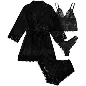2021 Amazon Women's pajamas Sleepwear 4pcs Floral Lace Trim Satin Cami Pajama Set with Robe