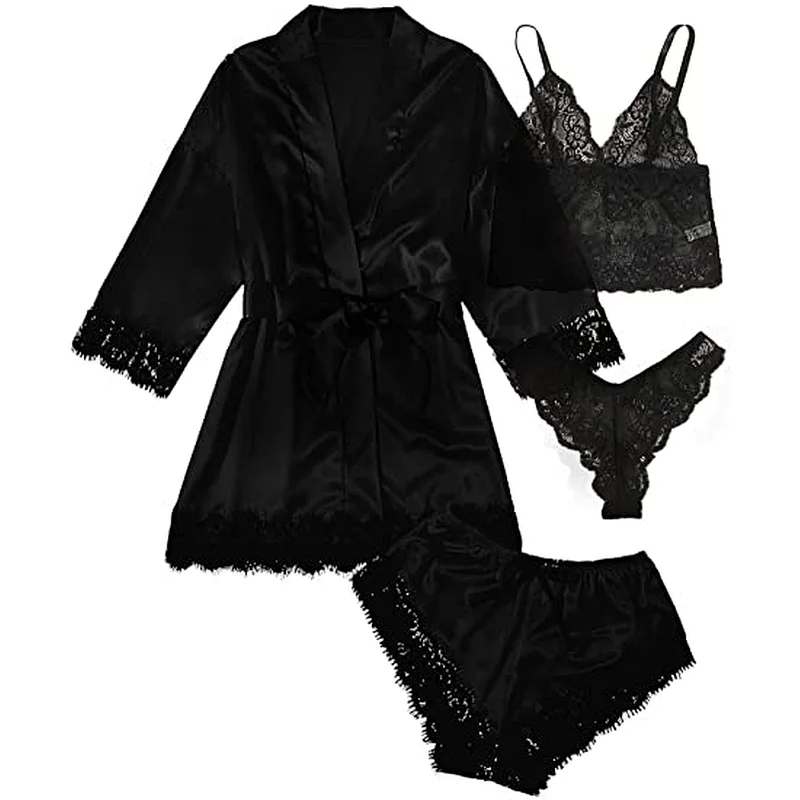 2021 Amazon Women's pajamas Sleepwear 4pcs Floral Lace Trim Satin Cami Pajama Set with Robe