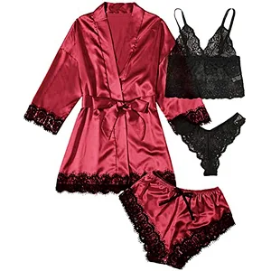 2021 Amazon Women's pajamas Sleepwear 4pcs Floral Lace Trim Satin Cami Pajama Set with Robe