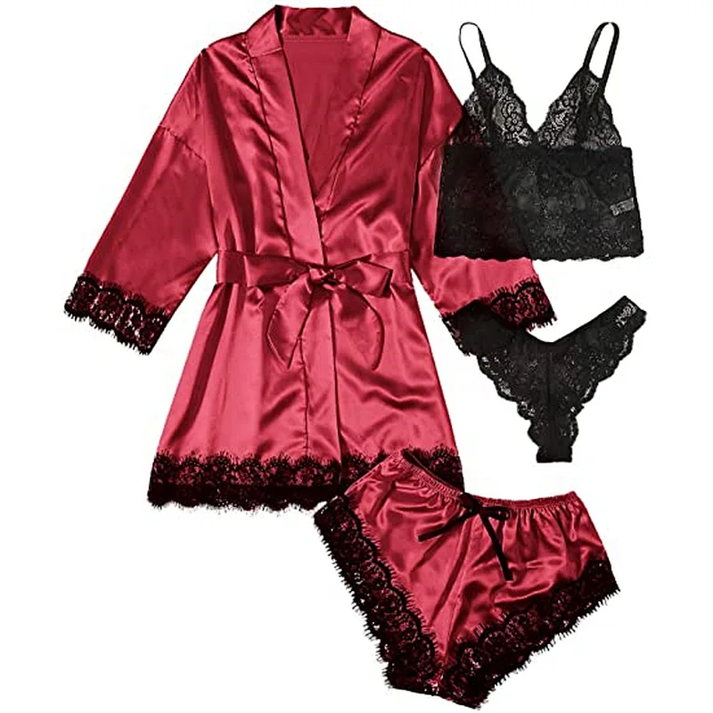 2021 Amazon Women's pajamas Sleepwear 4pcs Floral Lace Trim Satin Cami Pajama Set with Robe