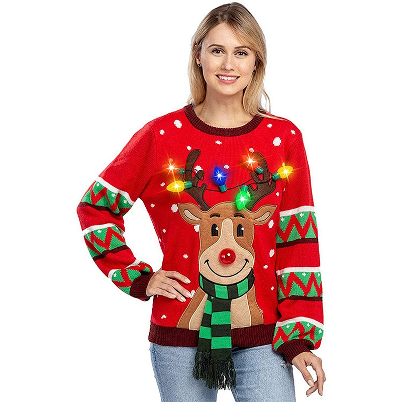 Women's Ugly Reindeer Christmas Sweater Long Sleeve Christmas Sweater Tops with LED bulb Lights
