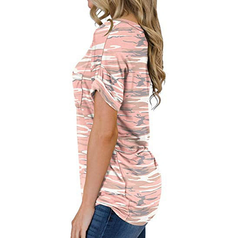 Custom Design Women Tops Short Sleeve V-Neck T Shirts Printed Loose Casual  Tee T-Shirt with Pocket