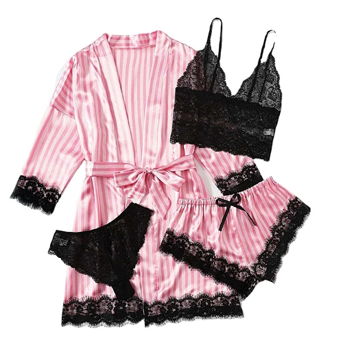 Customized Women's Sleepwear 4pcs Floral Lace Nightwear Trim Satin Cami Pajamas Set with Robe