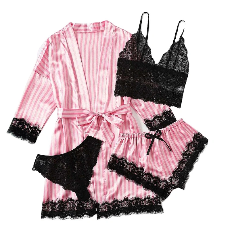 Customized Women's Sleepwear 4pcs Floral Lace Nightwear Trim Satin Cami Pajamas Set with Robe