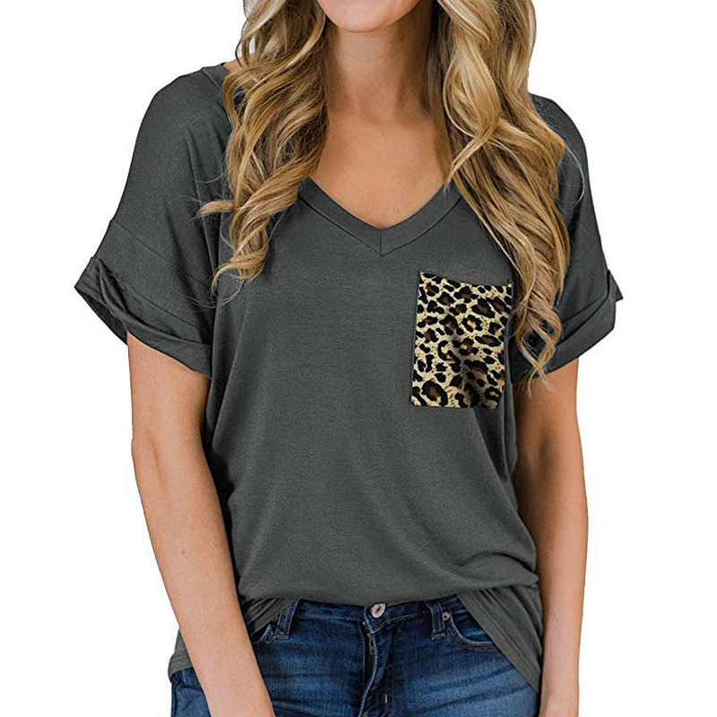 Women Casual Summer Shirt Short Sleeve V-Neck T-Shirt Basic Loose Graphic Tees with Leopard Pockets