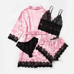 Customized Women's Sleepwear 4pcs Floral Lace Nightwear Trim Satin Cami Pajamas Set with Robe