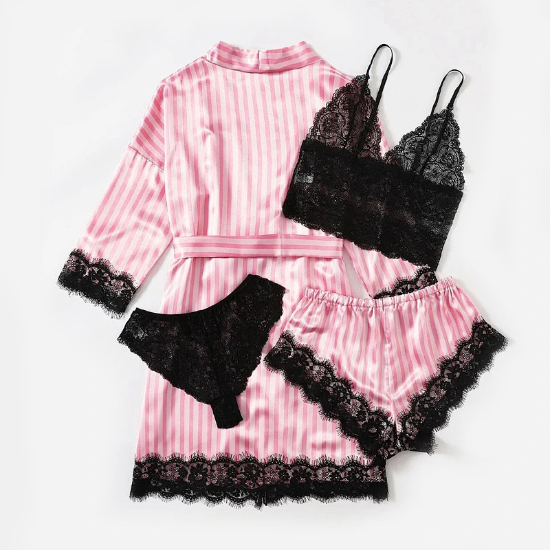 Customized Women's Sleepwear 4pcs Floral Lace Nightwear Trim Satin Cami Pajamas Set with Robe