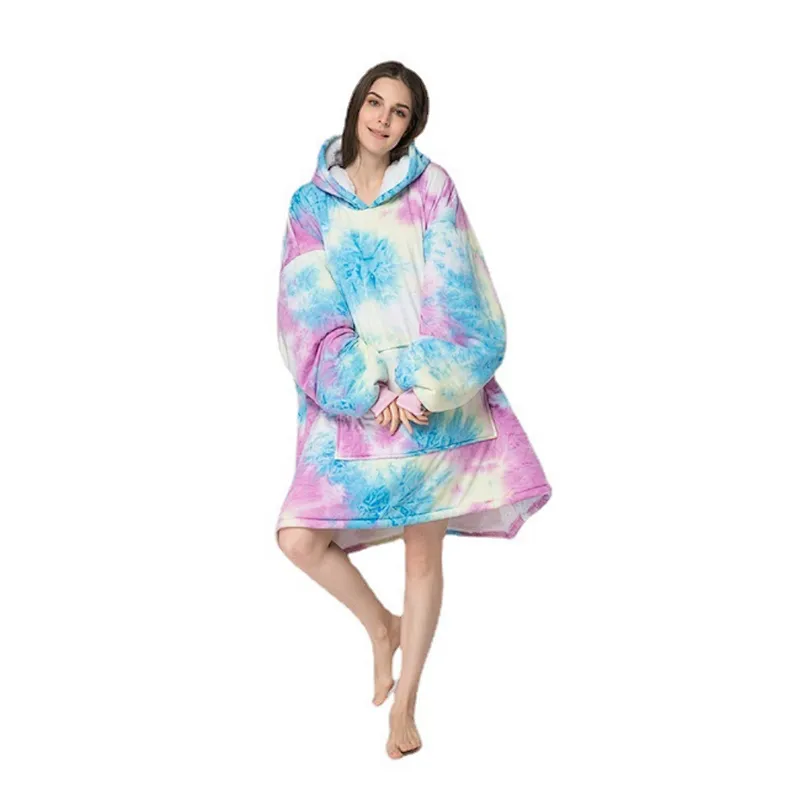 Oversized Huggle Hoodie Blanket Sweatshirt, Fuzzy Tie Dye Sherpa Pullover TV blanket with Kangaroo Pocket