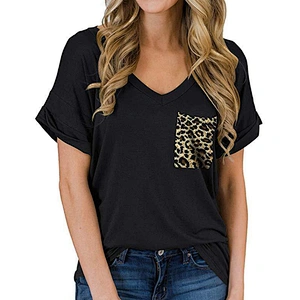 Women Casual Summer Shirt Short Sleeve V-Neck T-Shirt Basic Loose Graphic Tees with Leopard Pockets