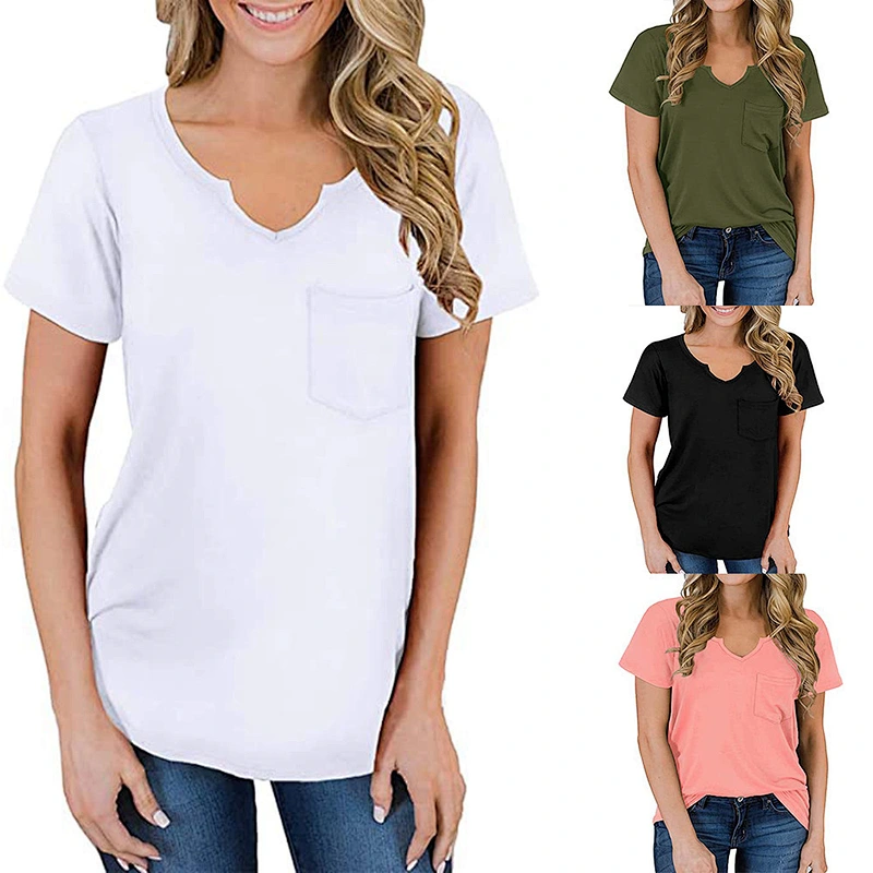 Amazon Hot Women Casual Tops Short Sleeve V-Neck Shirts Loose Blouse Basic Tee T-Shirt with Pocket