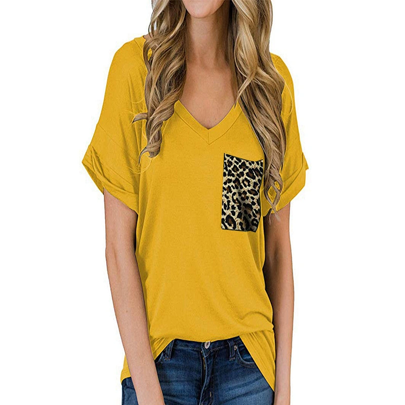 Women Casual Summer Shirt Short Sleeve V-Neck T-Shirt Basic Loose Graphic Tees with Leopard Pockets
