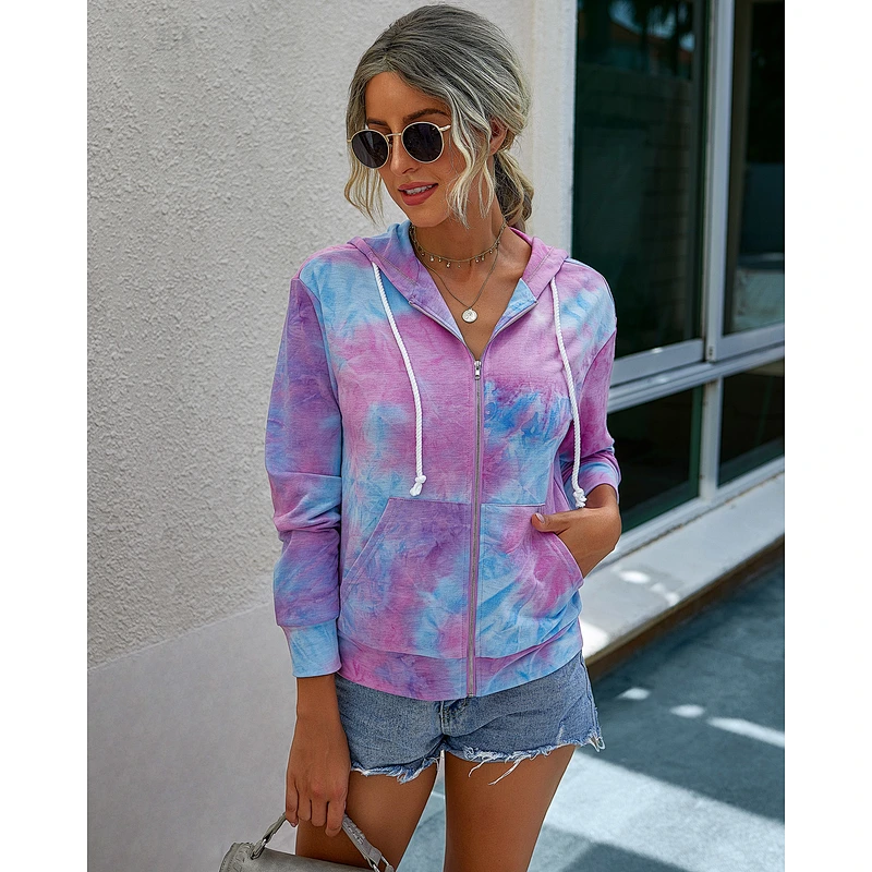 Amazon hot Women Long Sleeve Casual Tops Pullover Zip Up Hooded Tie Dye Sweatshirt Hoodies with Pocket