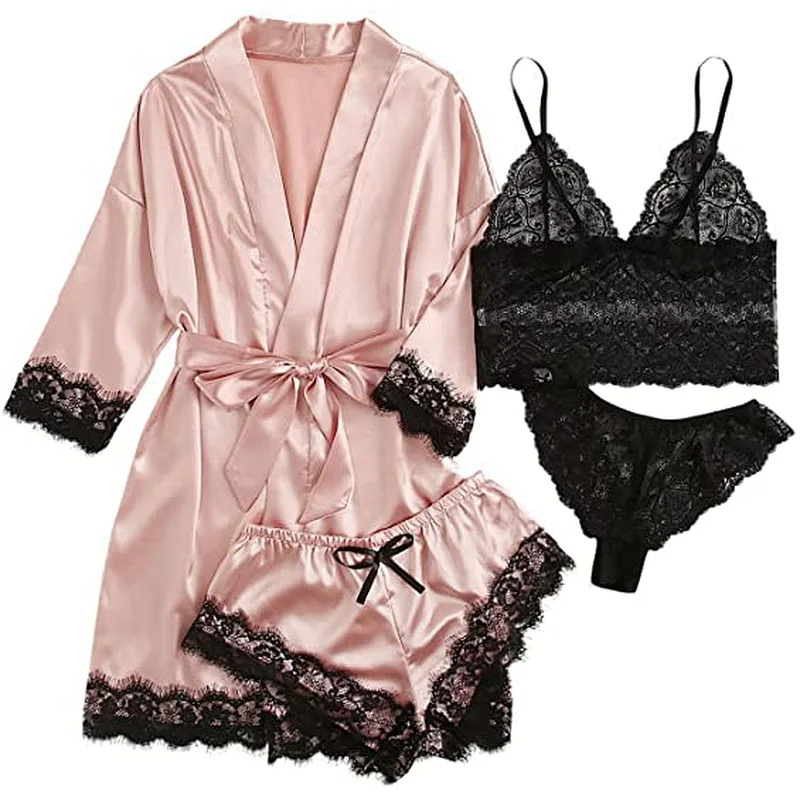 2021 Amazon Women's pajamas Sleepwear 4pcs Floral Lace Trim Satin Cami Pajama Set with Robe