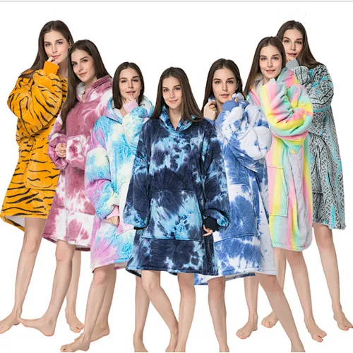 Oversized Huggle Hoodie Blanket Sweatshirt, Fuzzy Tie Dye Sherpa Pullover TV blanket with Kangaroo Pocket