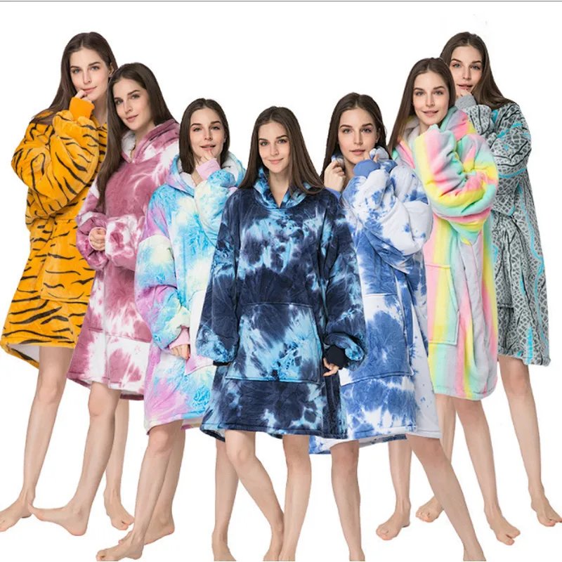 Oversized Huggle Hoodie Blanket Sweatshirt, Fuzzy Tie Dye Sherpa Pullover TV blanket with Kangaroo Pocket