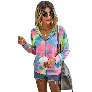 Amazon hot Women Long Sleeve Casual Tops Pullover Zip Up Hooded Tie Dye Sweatshirt Hoodies with Pocket
