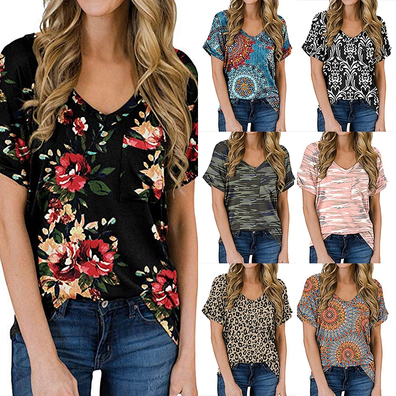 Custom Design Women Tops Short Sleeve V-Neck T Shirts Printed Loose Casual  Tee T-Shirt with Pocket