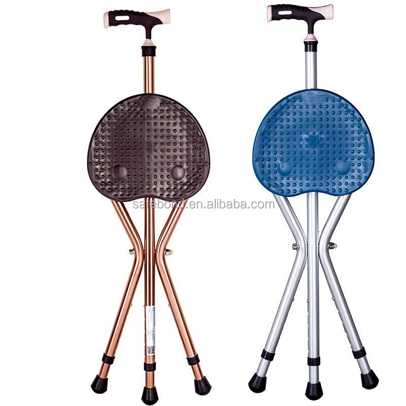 folding elderly walking stick with chair/aluminum tripod cane seat