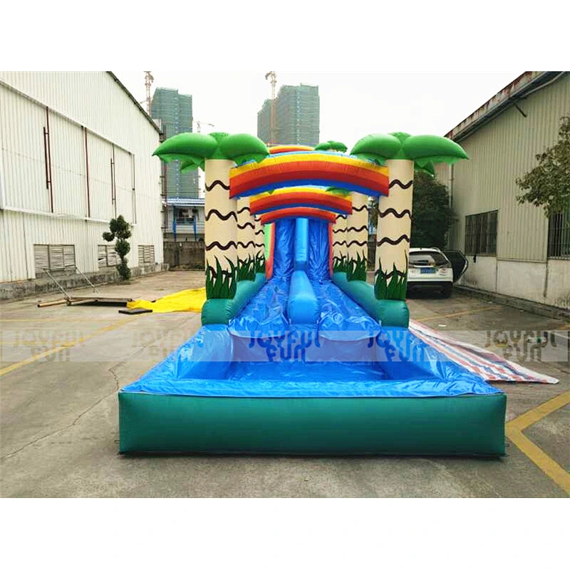 New design inflatable wet tropical slide with water splash pool inflatable wet slide for sale