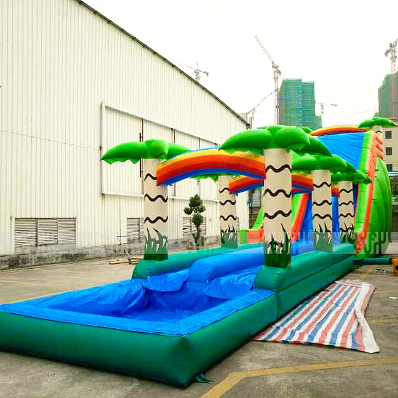 New design inflatable wet tropical slide with water splash pool inflatable wet slide for sale