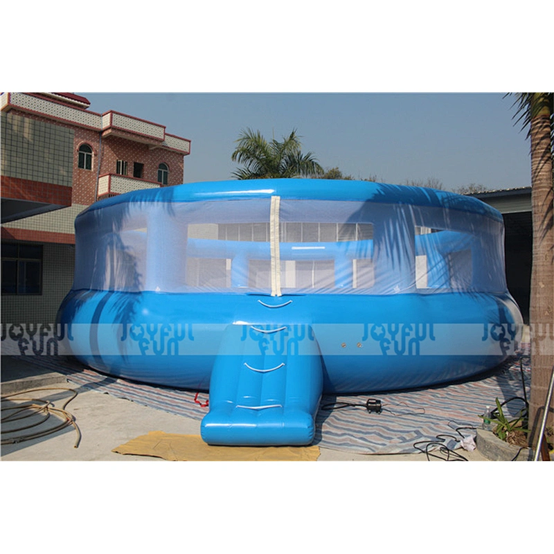 Large outdoor light blue inflatable trampoline park