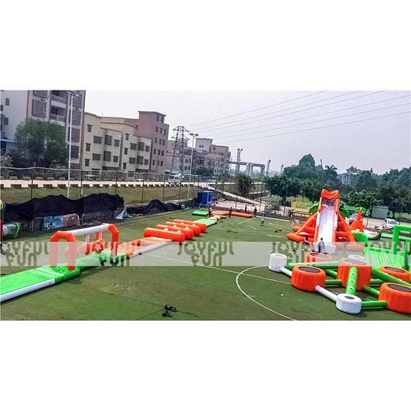 Customizable green and orange inflatable floating water park