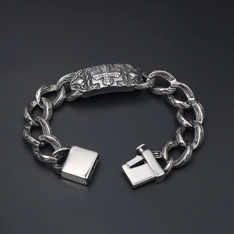 Wholesale And Retail Stainless Steel Antique Silver Men's Hip Hop Punk Gift Party  Cross Flower Chain Bangle Bracelet Jewelry