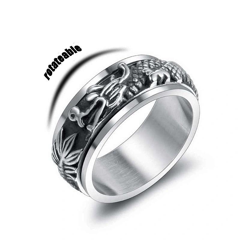 Wholesale And Retail Stainless Steel Antique Silver Men's Hip Hop Punk Gift Party Vintage Rotateable Dragon Ring Women's Jewelry