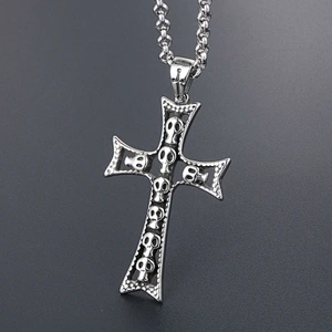 Wholesale And Retail Stainless Steel Antique Silver Womens Hip Hop Punk Gift Party Vintage Cross Skull Pendants&Charms Jewelry
