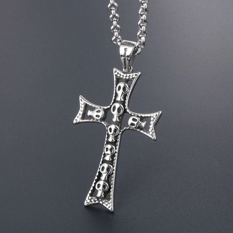 Wholesale And Retail Stainless Steel Antique Silver Womens Hip Hop Punk Gift Party Vintage Cross Skull Pendants&Charms Jewelry