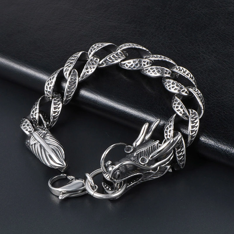 Wholesale And Retail Stainless Steel Antique Silver Men's Hip Hop Punk Gift Party Rough Dragon Chain Bangle Bracelet Jewelry