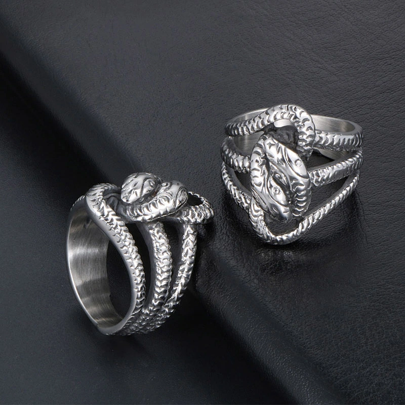Wholesale And Retail Stainless Steel Antique Silver Men's Hip Hop Punk Gift Party Charm Snake Rings Jewelry
