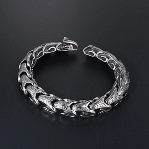 Wholesale And Retail Stainless Steel Antique Silver Men's Hip Hop Punk Gift Scaly Stria Dragon Chain Bangle Bracelet Jewelry