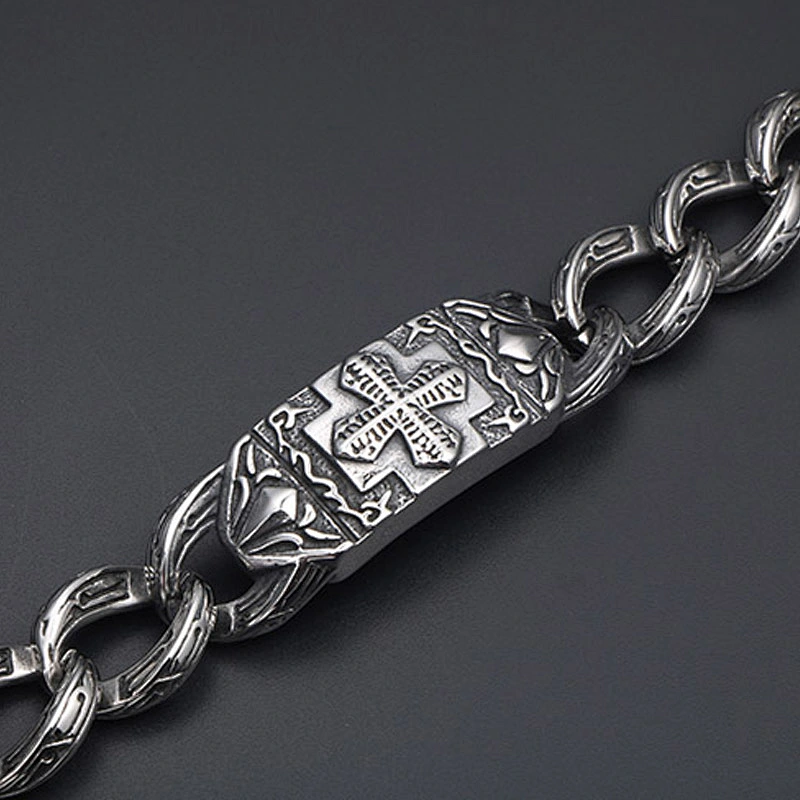 Wholesale And Retail Stainless Steel Antique Silver Men's Hip Hop Punk Gift Party  Cross Flower Chain Bangle Bracelet Jewelry