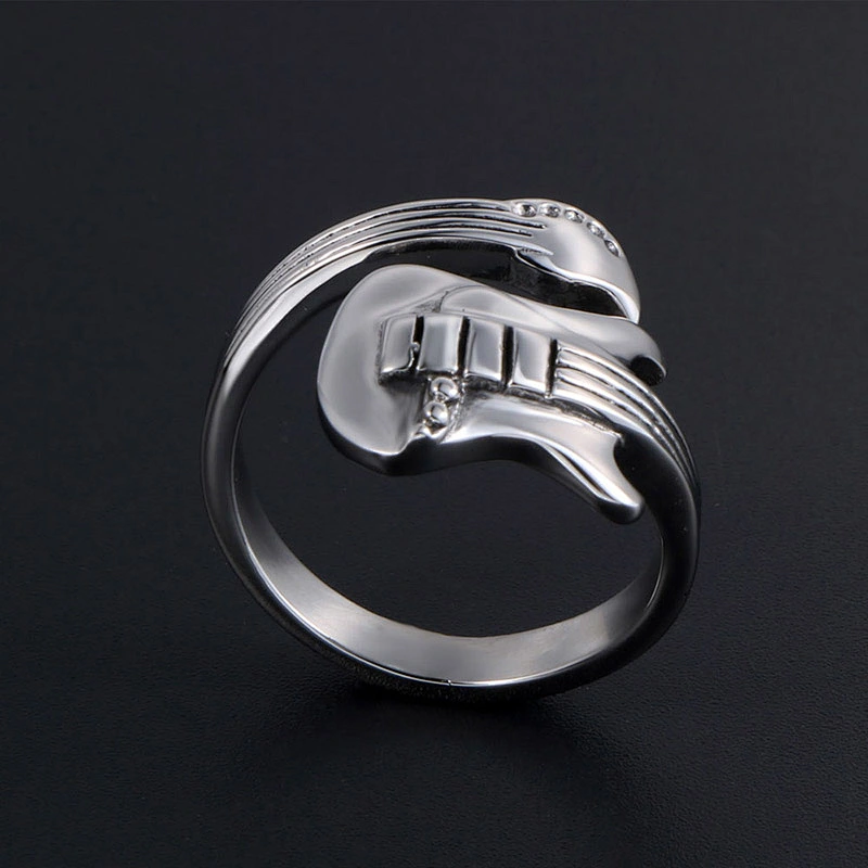 Wholesale And Retail Stainless Steel Silver Men's Hip Hop Punk Gift Party Vintage Guitar Ring Women's Jewelry