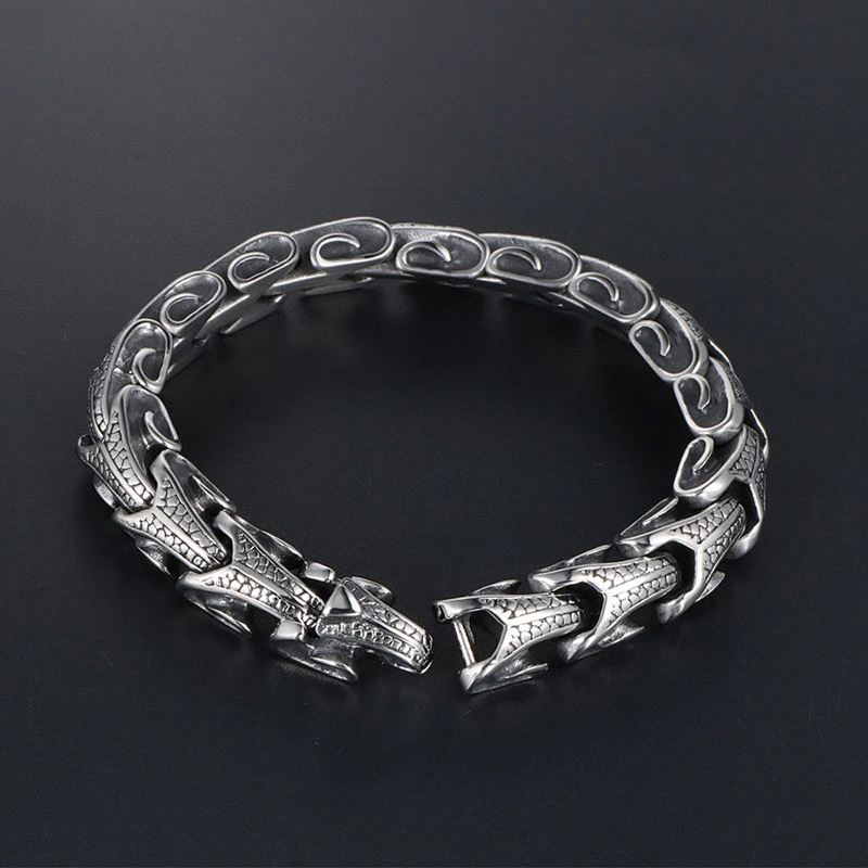 Wholesale And Retail Stainless Steel Antique Silver Men's Hip Hop Punk Gift Scaly Stria Dragon Chain Bangle Bracelet Jewelry
